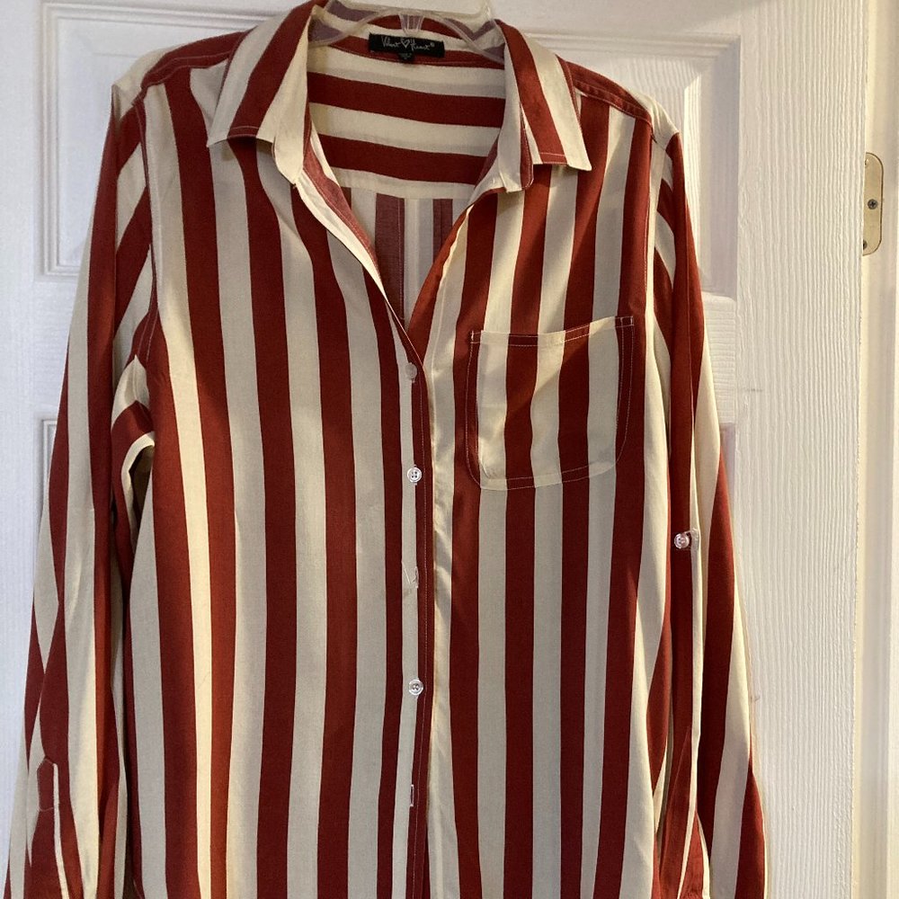 Velvet Heart Dark Red and Cream Blouse Size L